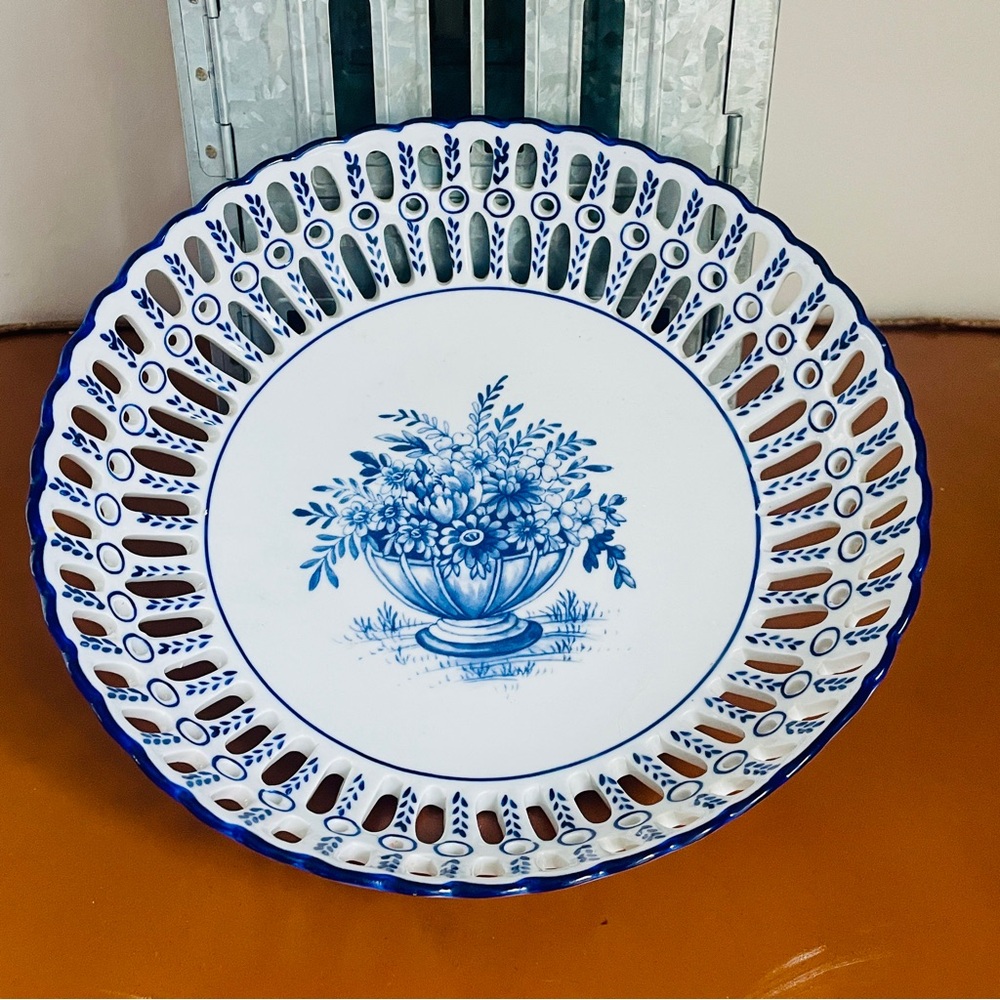 Blue White Floral Decorative Shallow Bowl Basketweave